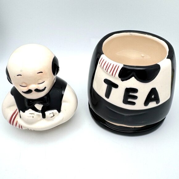 Vintage Ceramic Waiter Tea Canister Dispenser With Lid - 6.5" Black & White - Picture 5 of 11